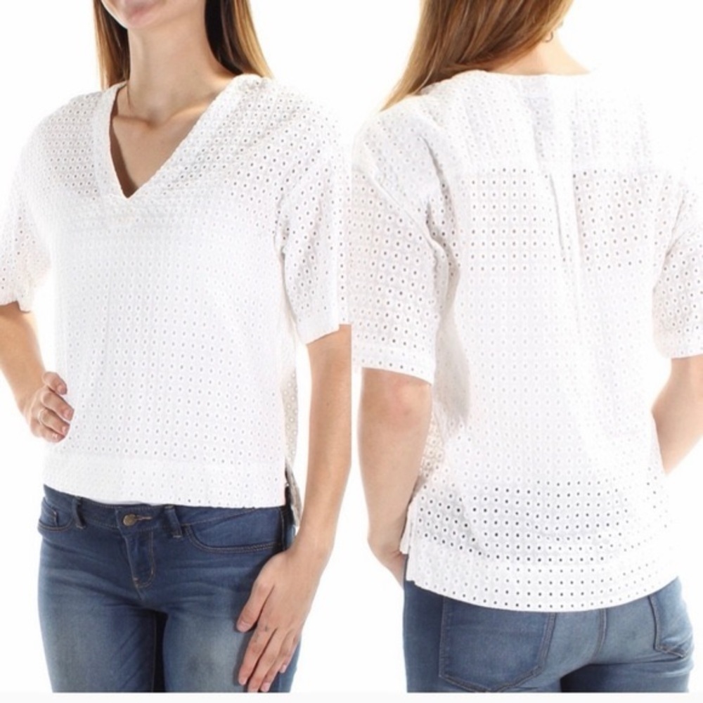 Theory white eyelet short sleeve Vneck boxy top 100% cotton M